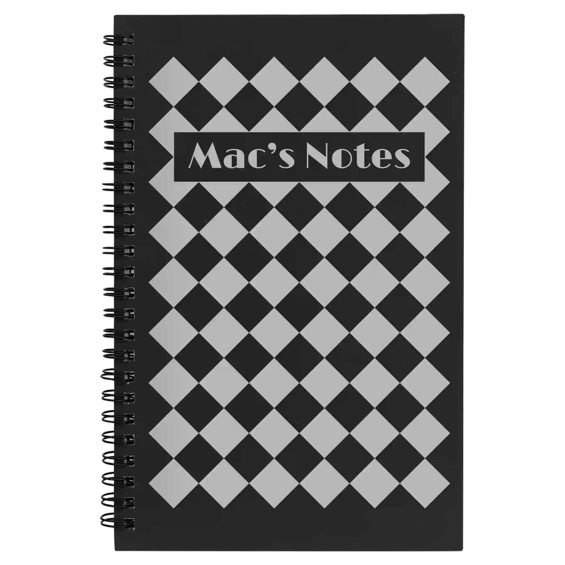 Small black spiral notebook laser etched with 'Retro Checker' design