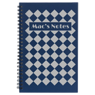 Small blue spiral notebook laser etched with 'Retro Checker' design