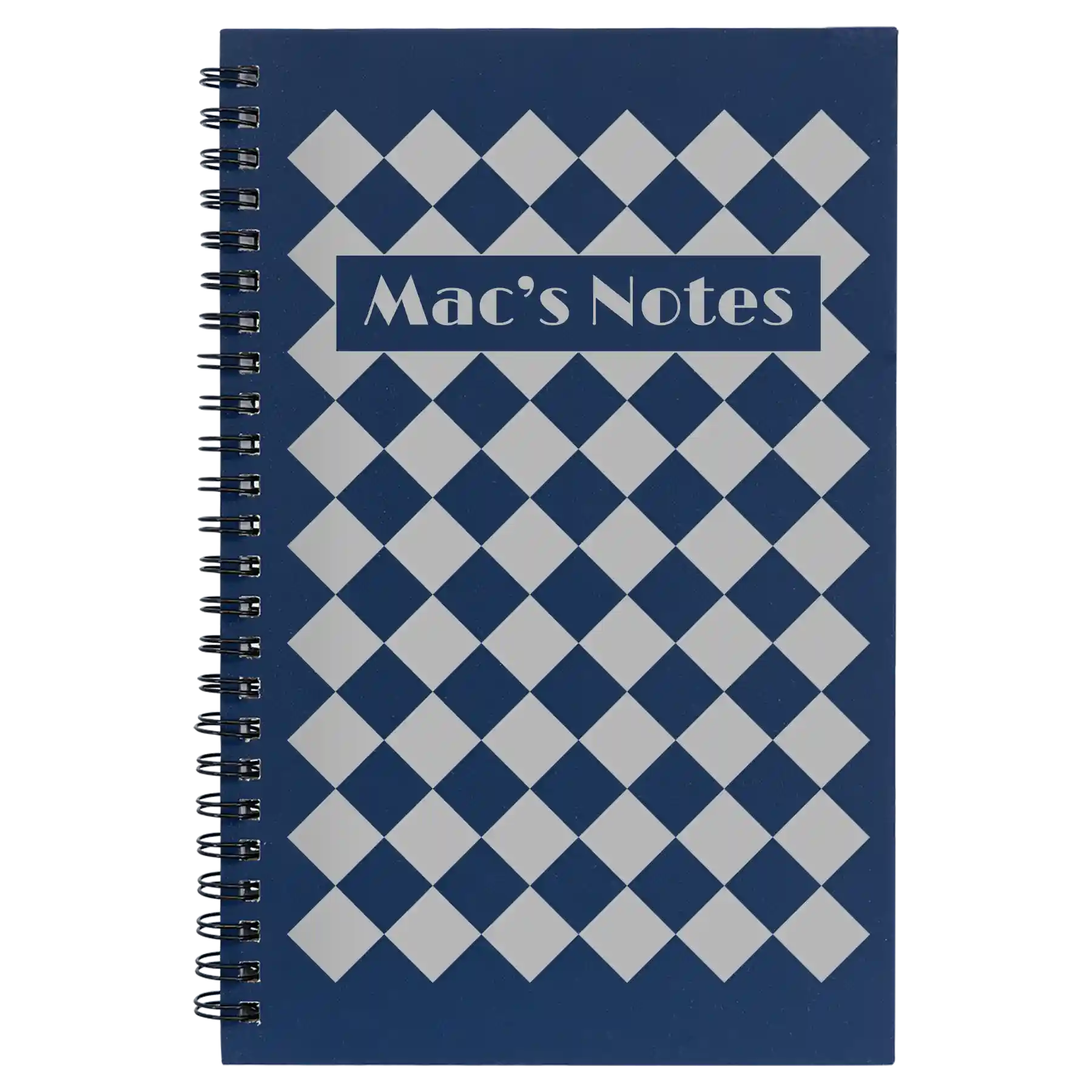Small blue spiral notebook laser etched with 'Retro Checker' design