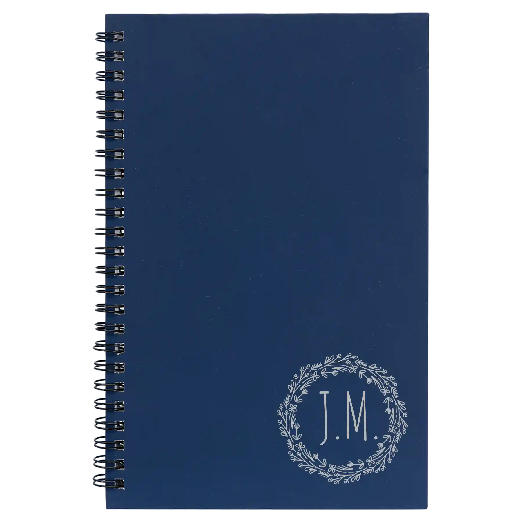 Small blue spiral notebook laser etched with 'Wreath Initials' design