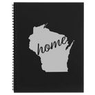Large black spiral notebook laser etched with 'Wisconsin Home' design