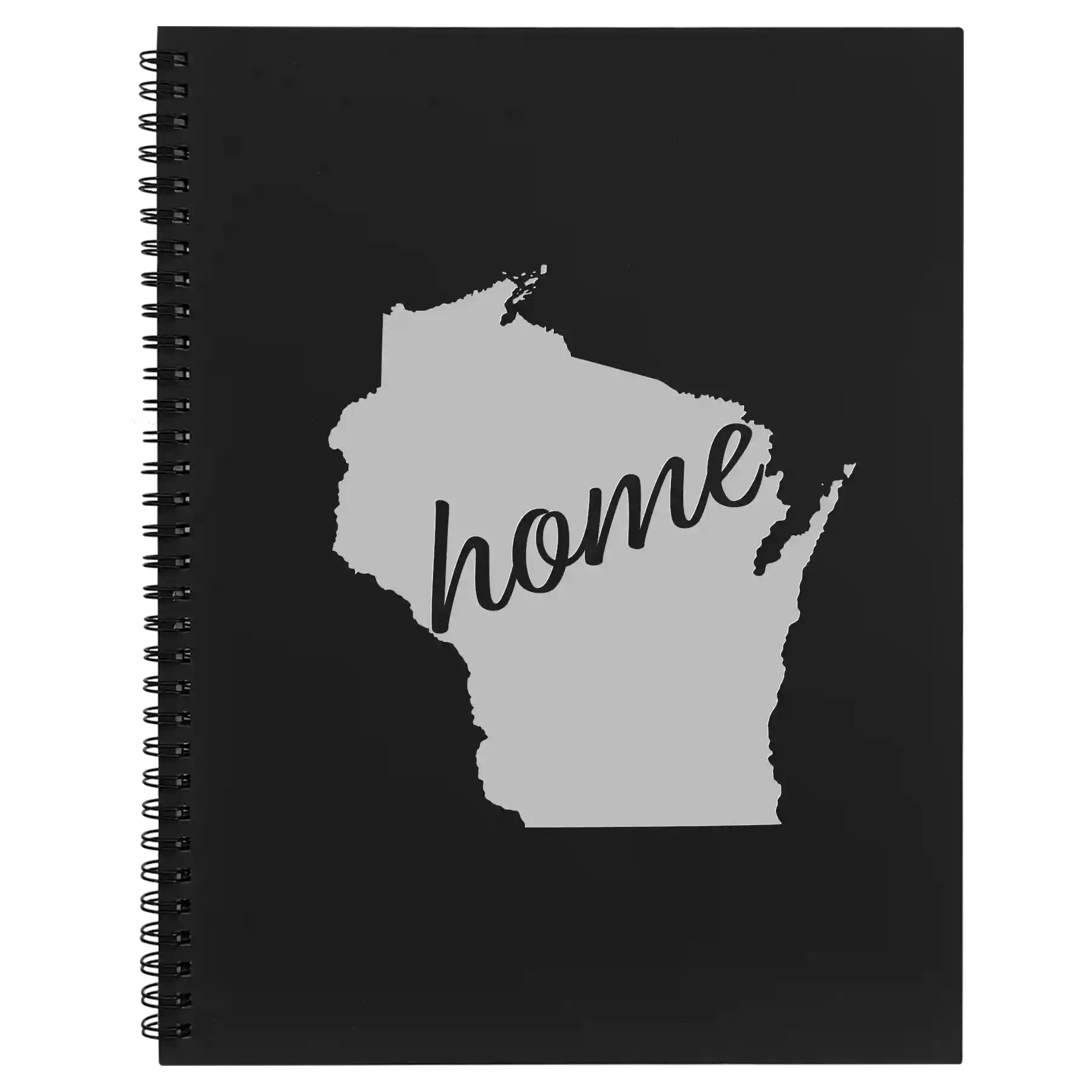 Large black spiral notebook laser etched with 'Wisconsin Home' design