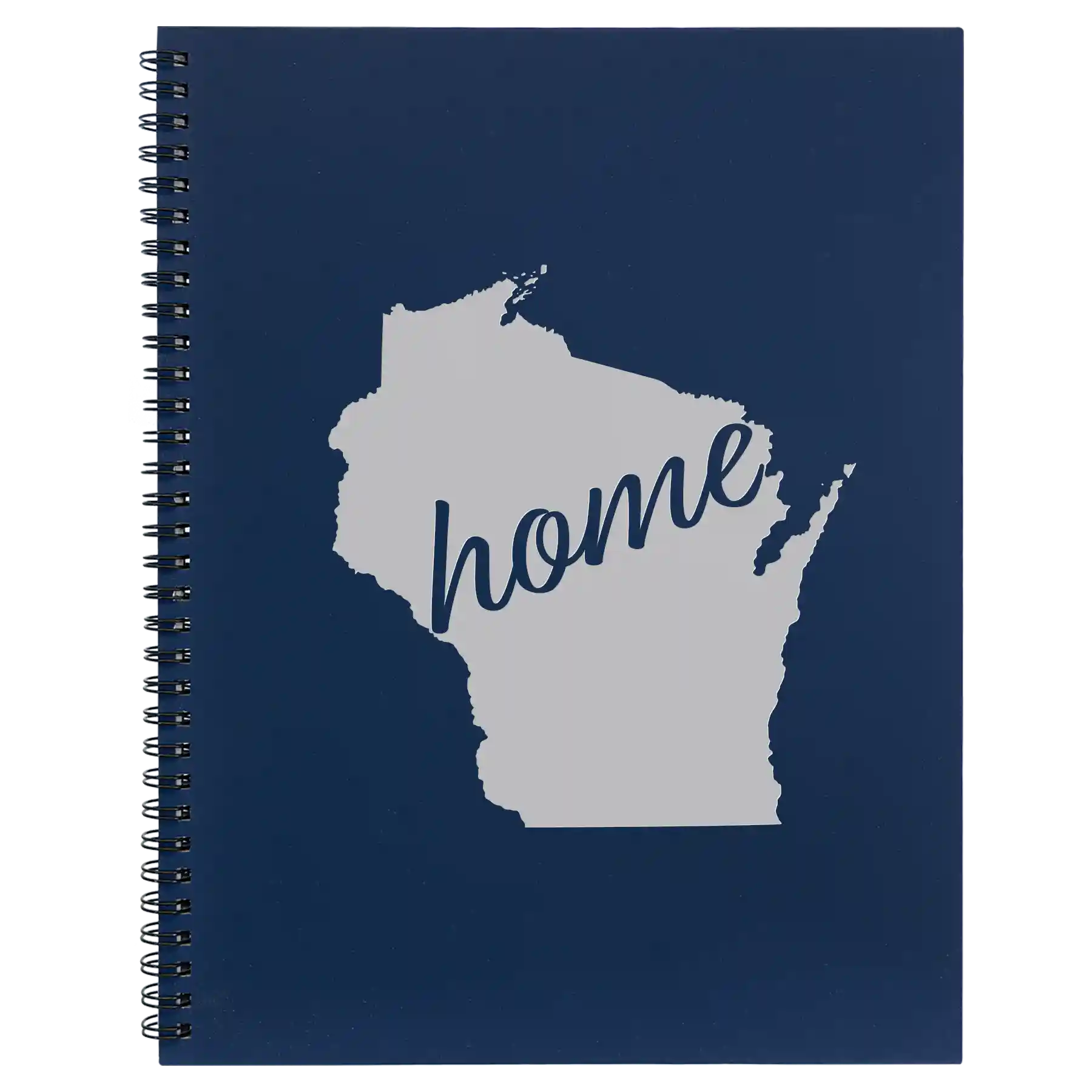 Large blue spiral notebook laser etched with 'Wisconsin Home' design