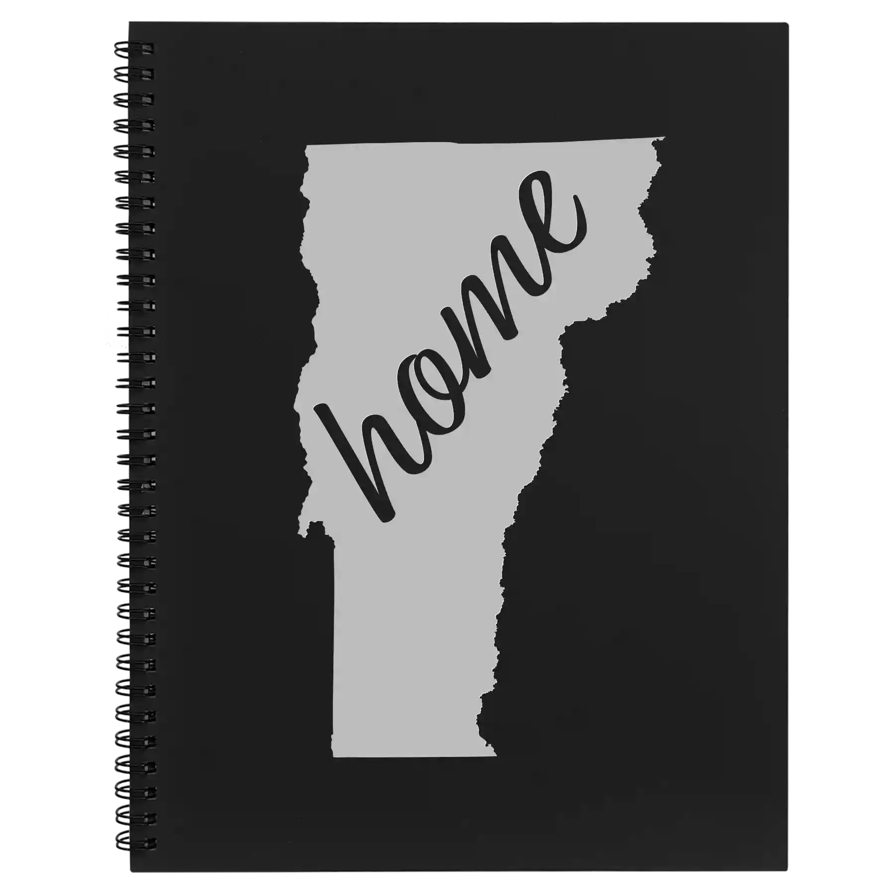 Large black spiral notebook laser etched with 'Vermont Home' design
