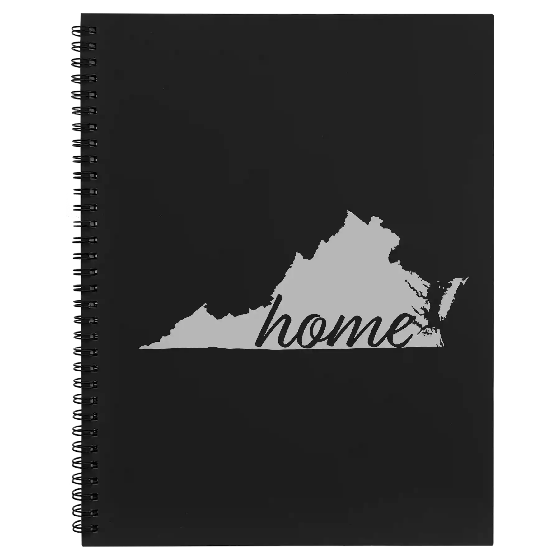 Large black spiral notebook laser etched with 'Virginia Home' design