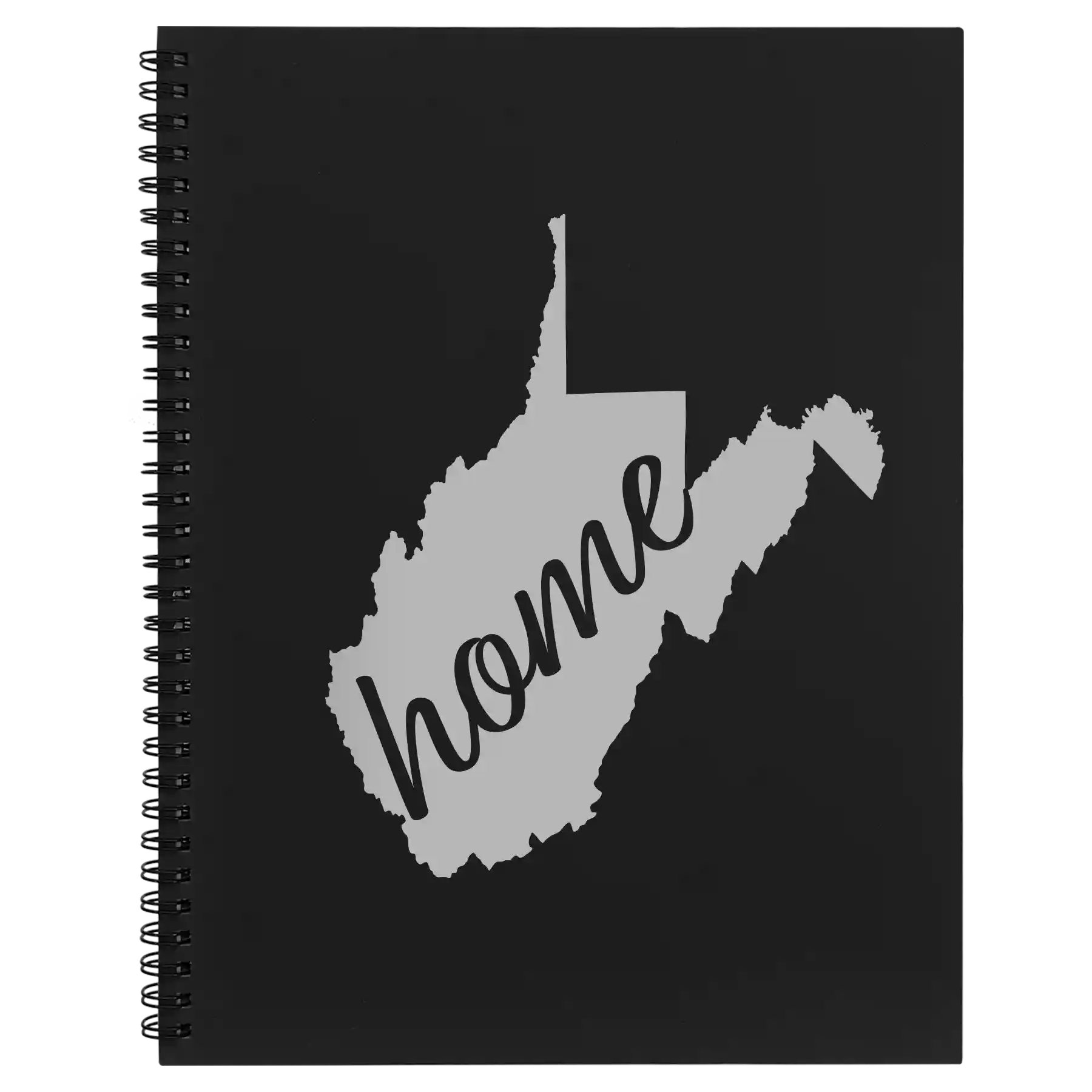 Large black spiral notebook laser etched with 'West Virginia Home' design
