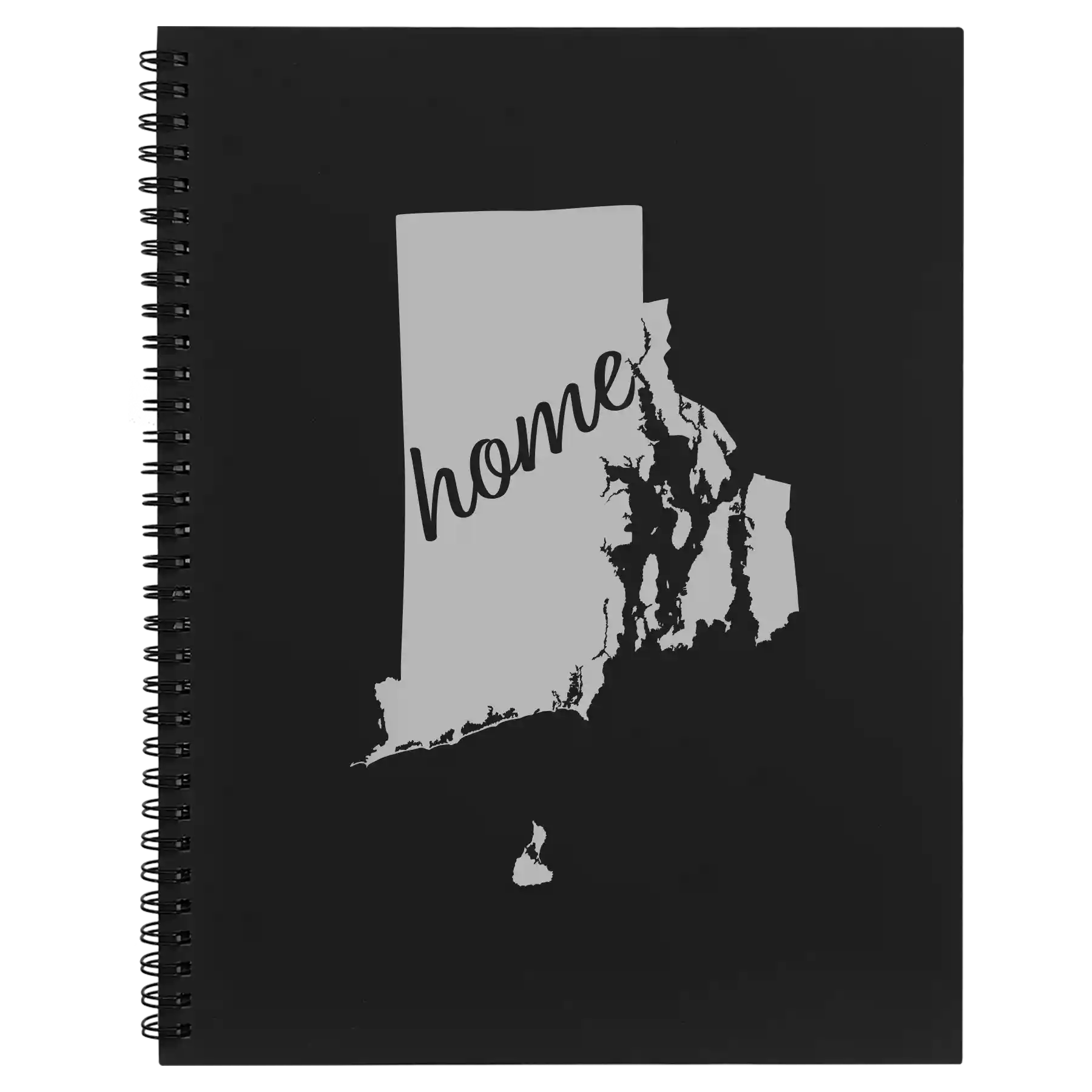 Large black spiral notebook laser etched with 'Rhode Island Home' design