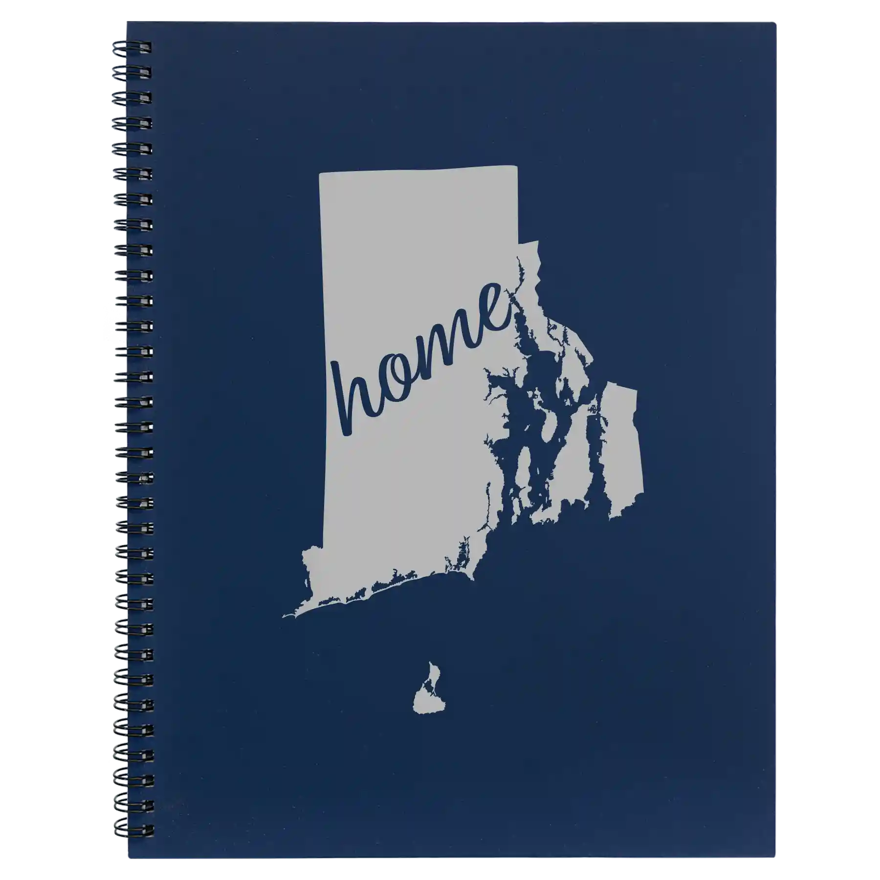 Large blue spiral notebook laser etched with 'Rhode Island Home' design