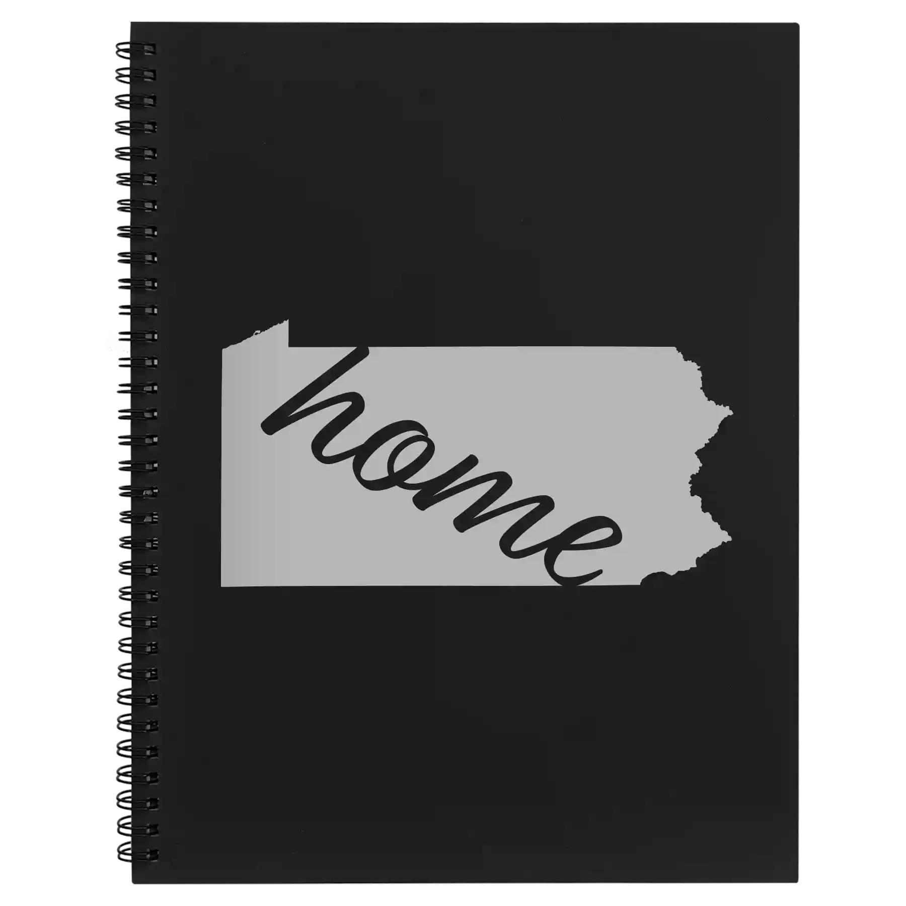 Large black spiral notebook laser etched with 'Pennsylvania Home' design