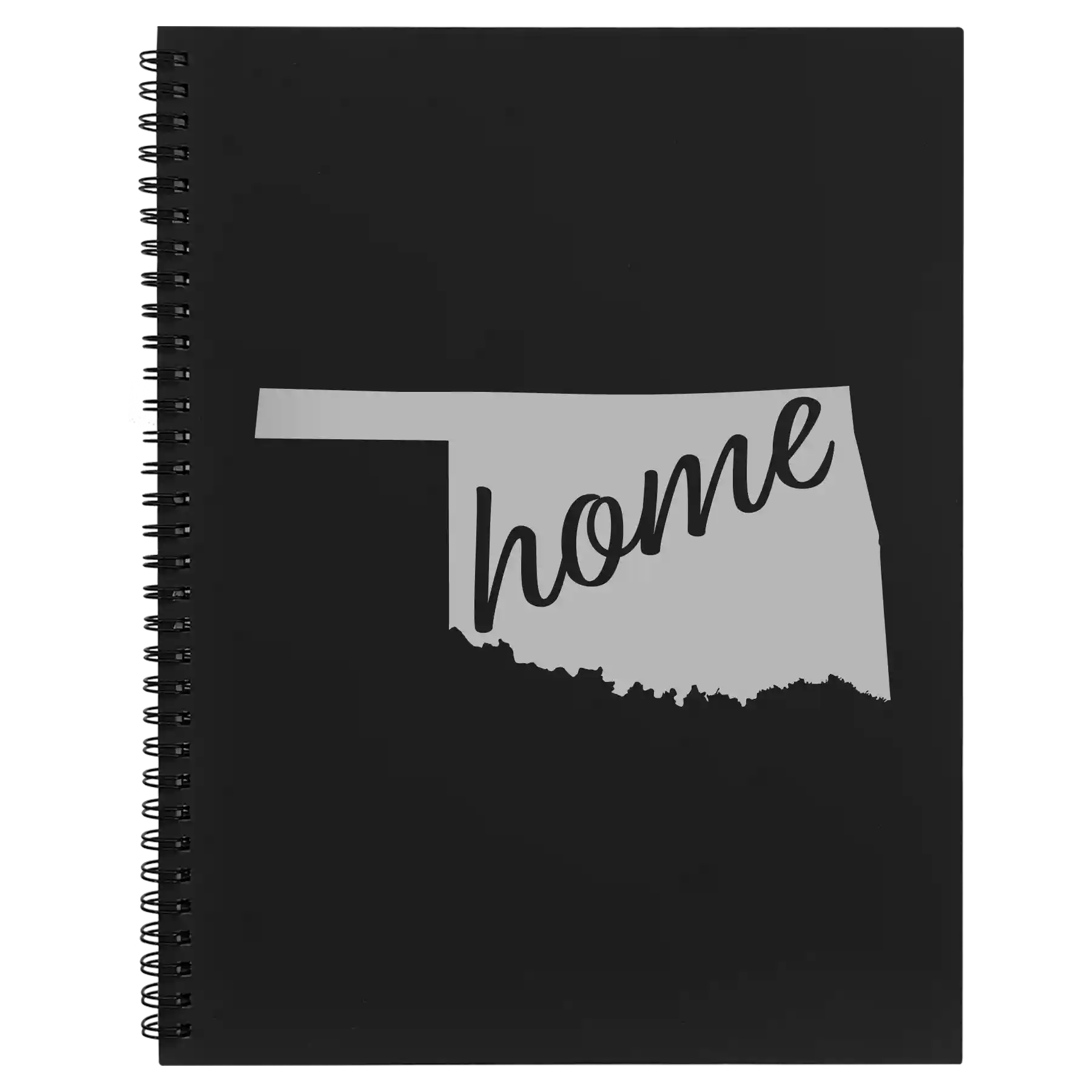 Large black spiral notebook laser etched with 'Oklahoma Home' design