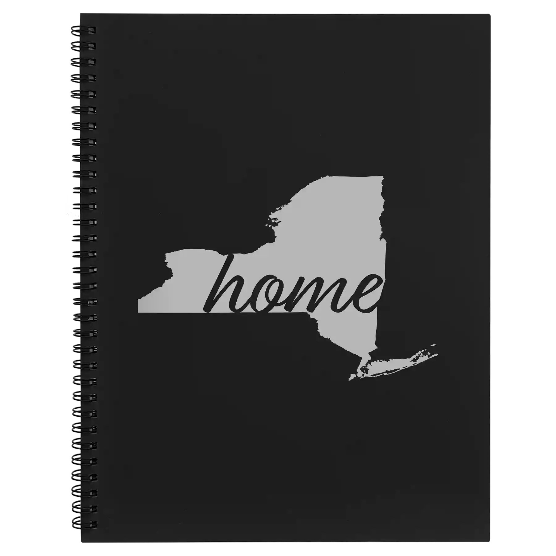 Large black spiral notebook laser etched with 'New York Home' design