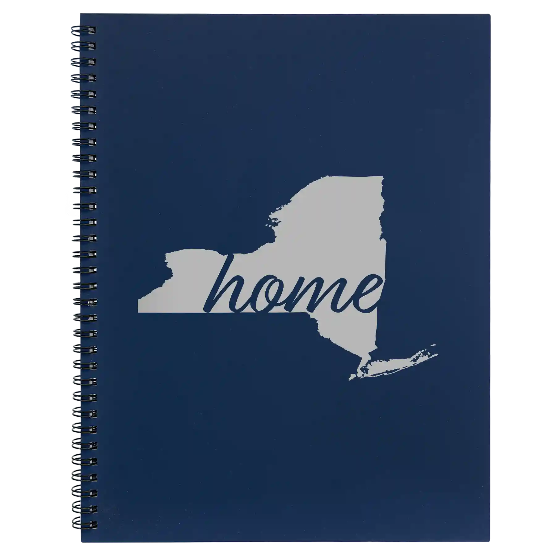 Large blue spiral notebook laser etched with 'New York Home' design
