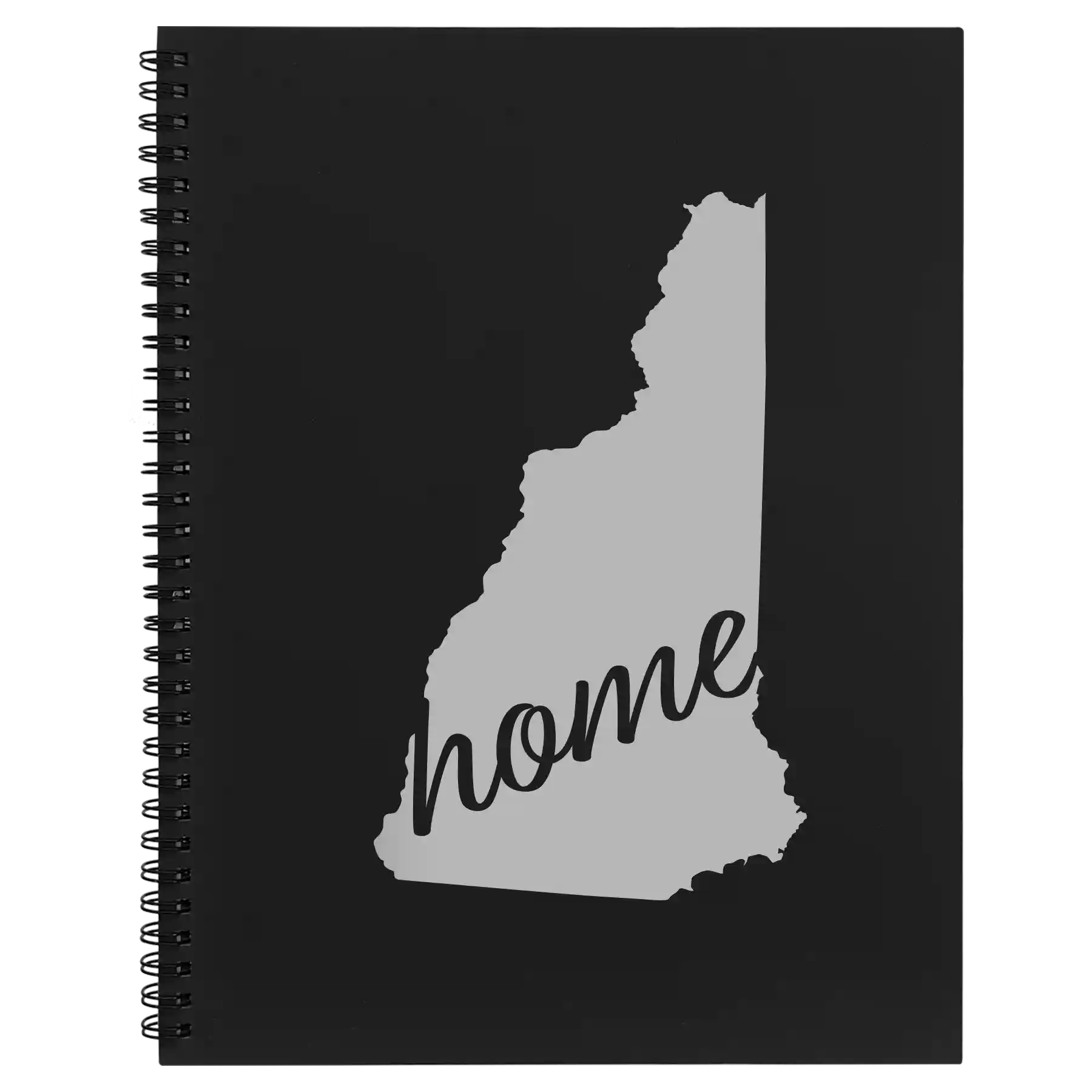 Large black spiral notebook laser etched with 'New Hampshire Home' design