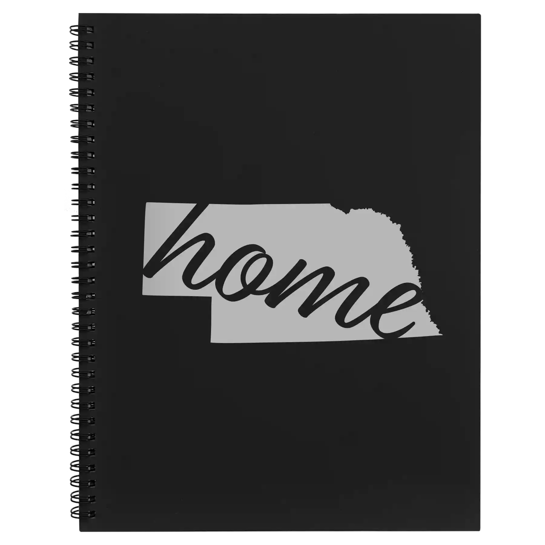 Large black spiral notebook laser etched with 'Nebraska Home' design