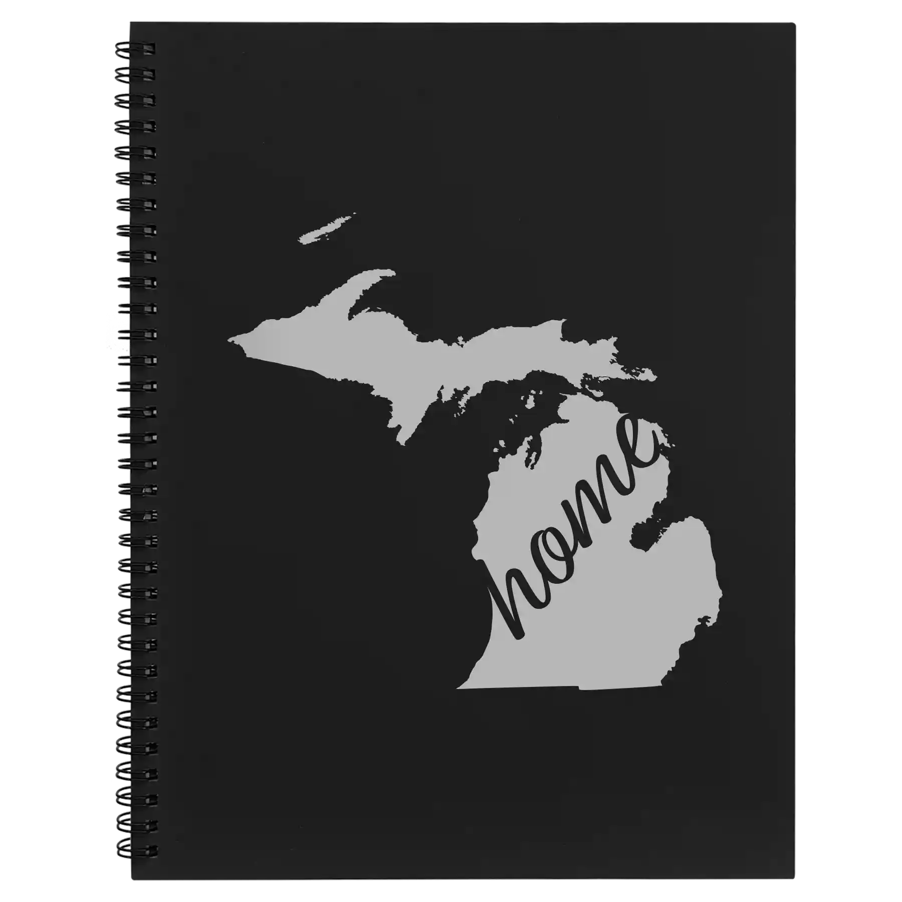 Large black spiral notebook laser etched with 'Michigan Home' design