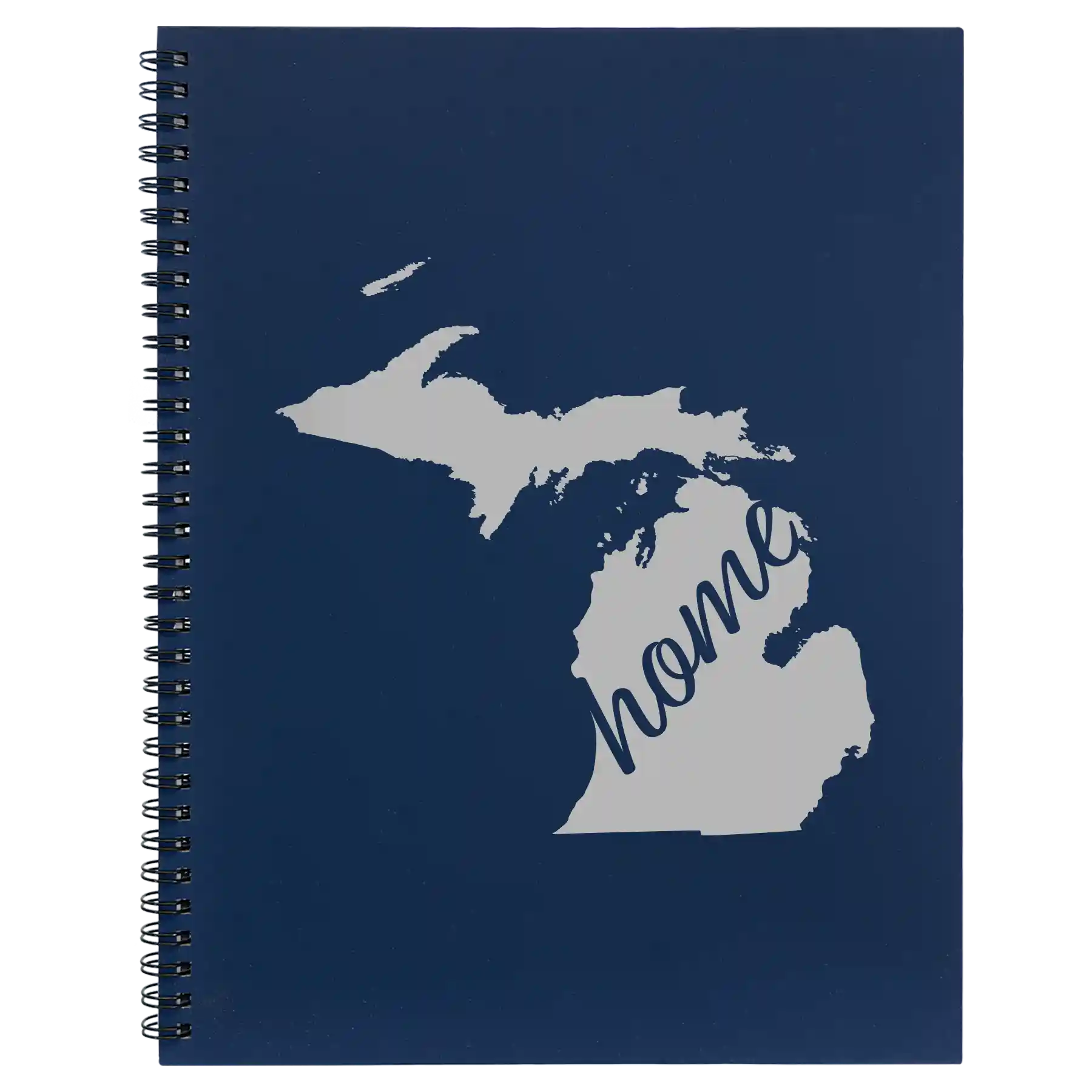 Large blue spiral notebook laser etched with 'Michigan Home' design
