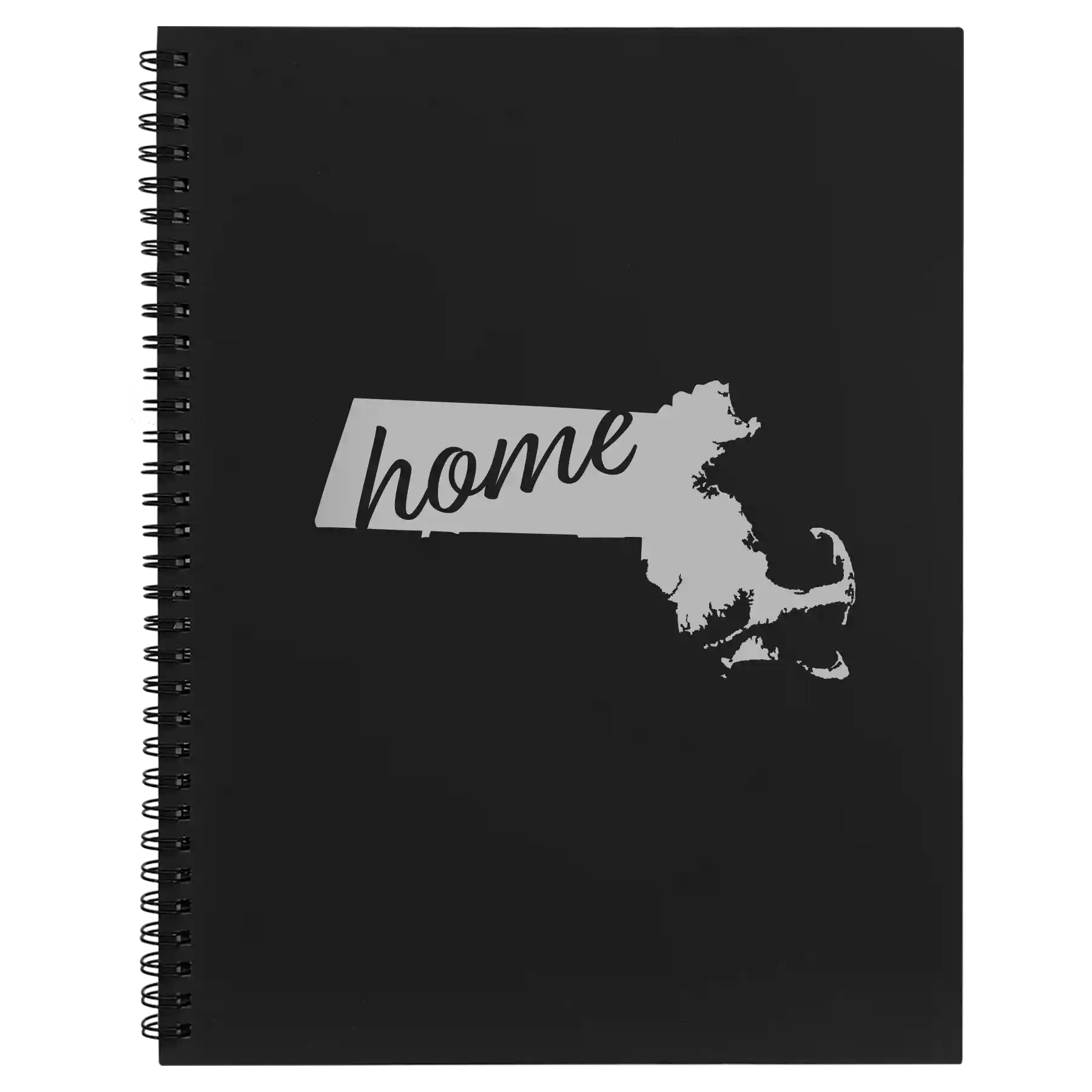 Large black spiral notebook laser etched with 'Massachusetts Home' design
