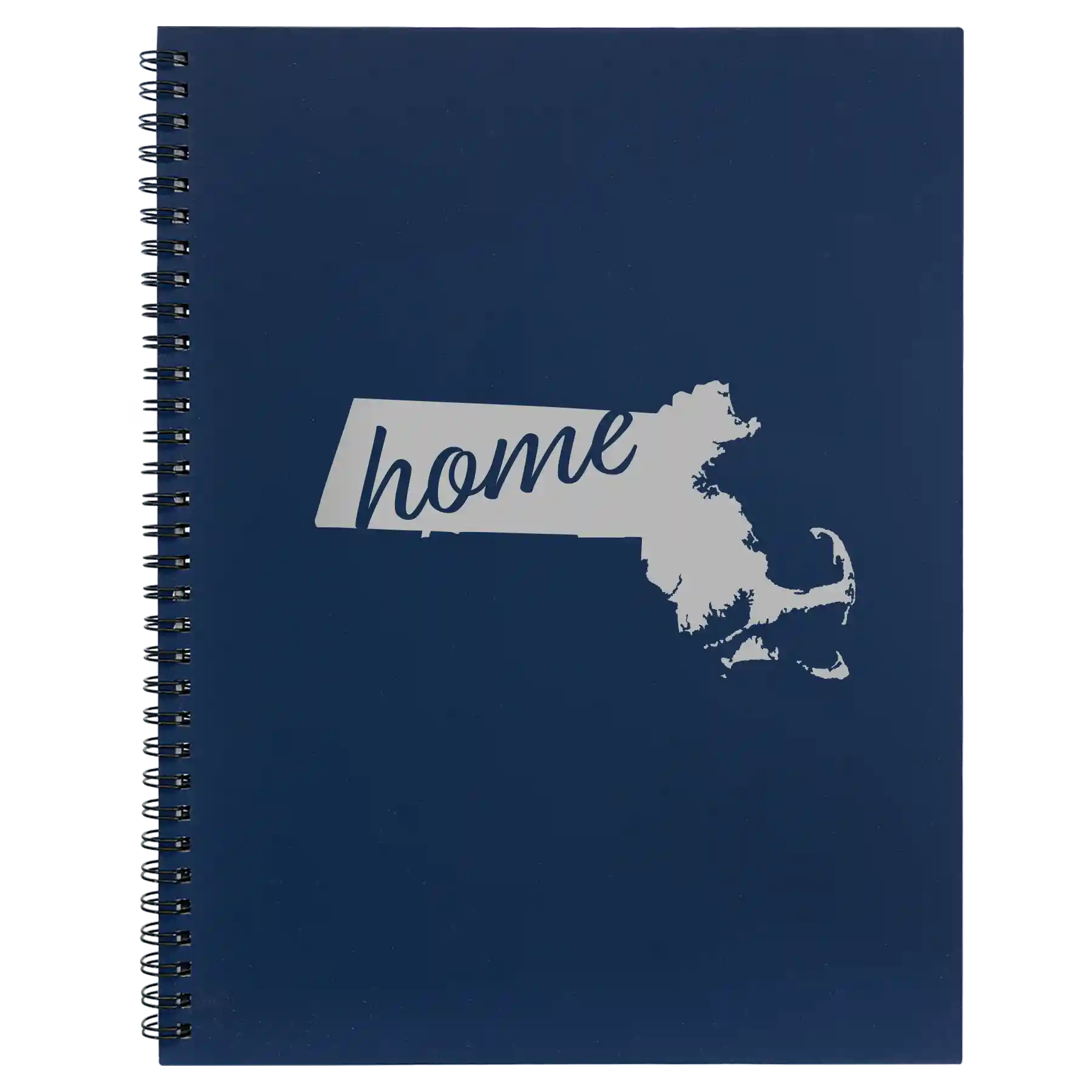 Large blue spiral notebook laser etched with 'Massachusetts Home' design