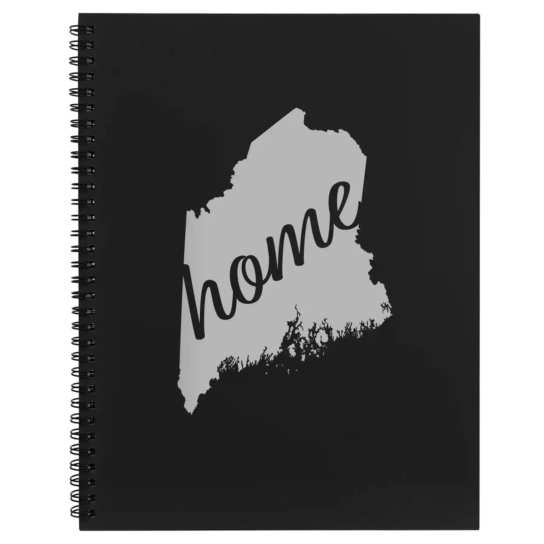 Large black spiral notebook laser etched with 'Maine Home' design