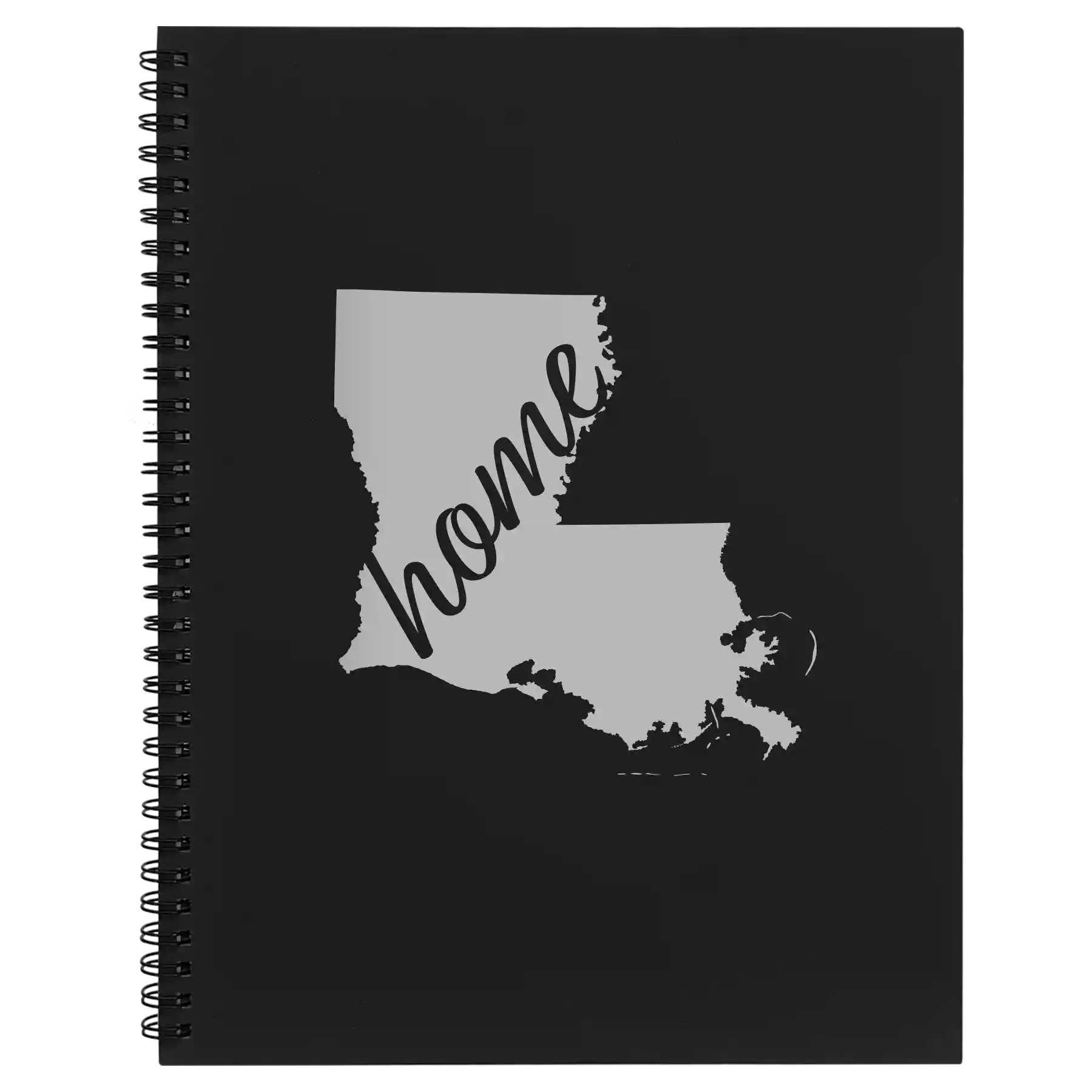 Large black spiral notebook laser etched with 'Louisiana Home' design