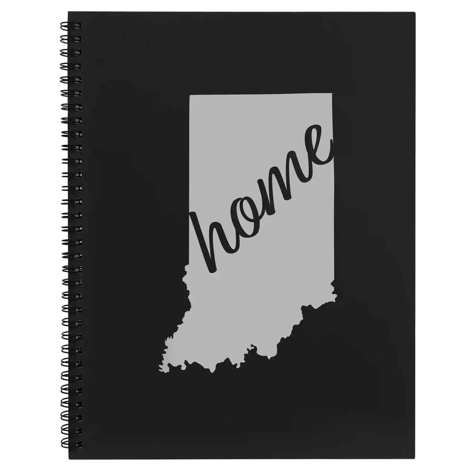 Large black spiral notebook laser etched with 'Indiana Home' design