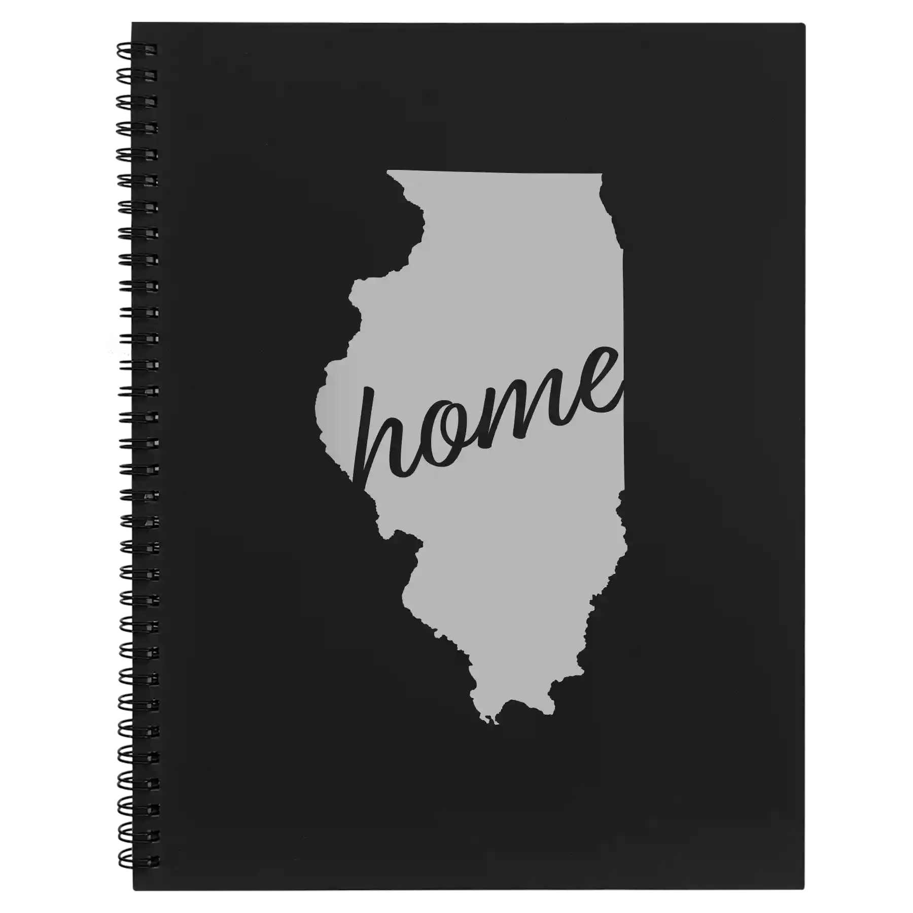 Large black spiral notebook laser etched with 'Illinois Home' design