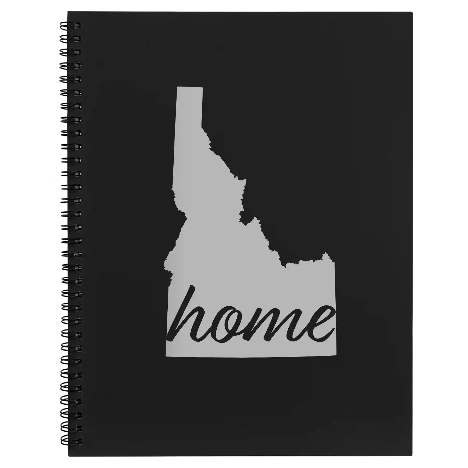 Large black spiral notebook laser etched with 'Idaho Home' design
