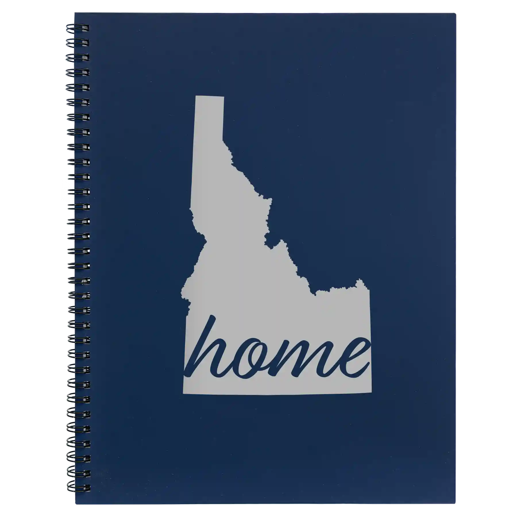 Large blue spiral notebook laser etched with 'Idaho Home' design