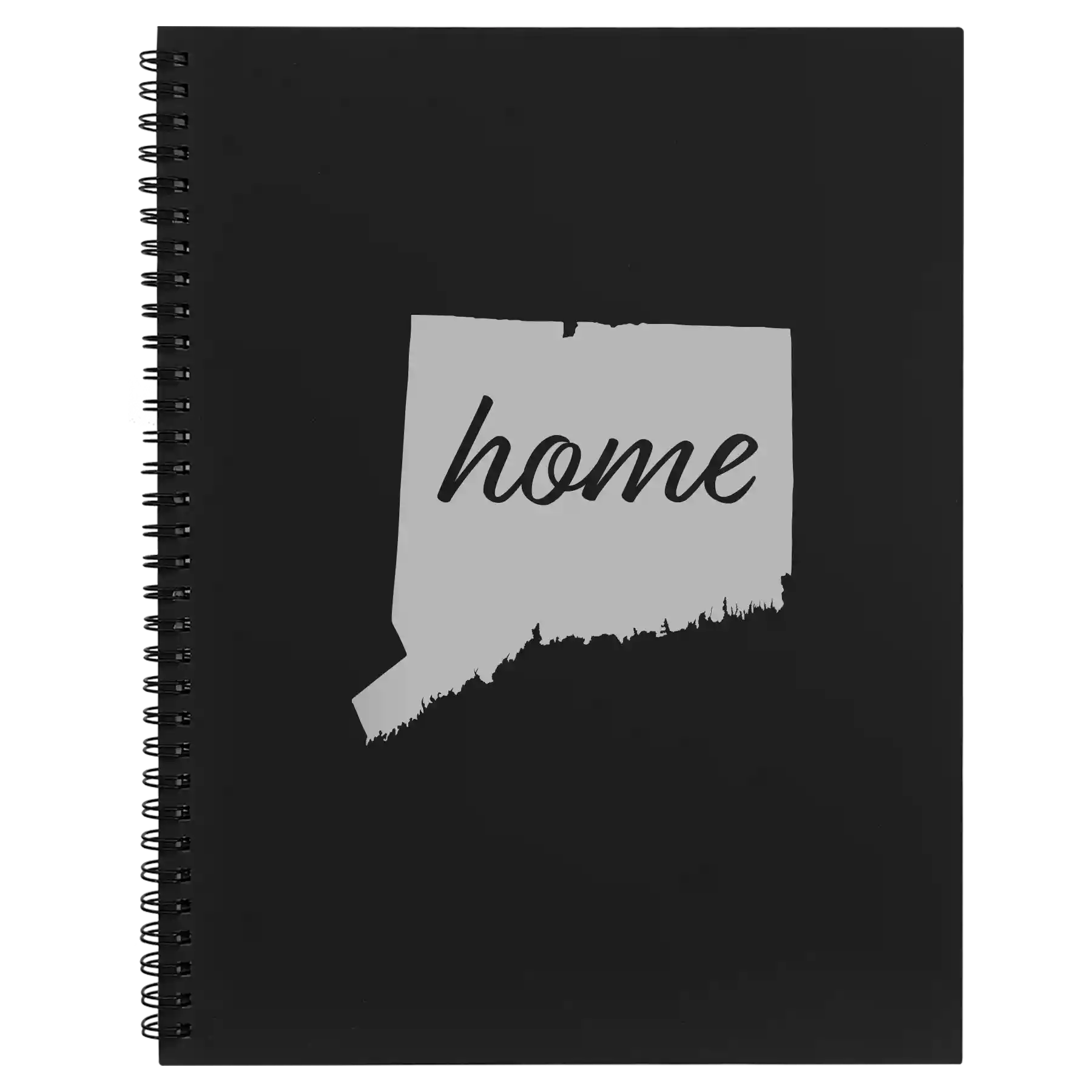 Large black spiral notebook laser etched with 'Connecticut Home' design