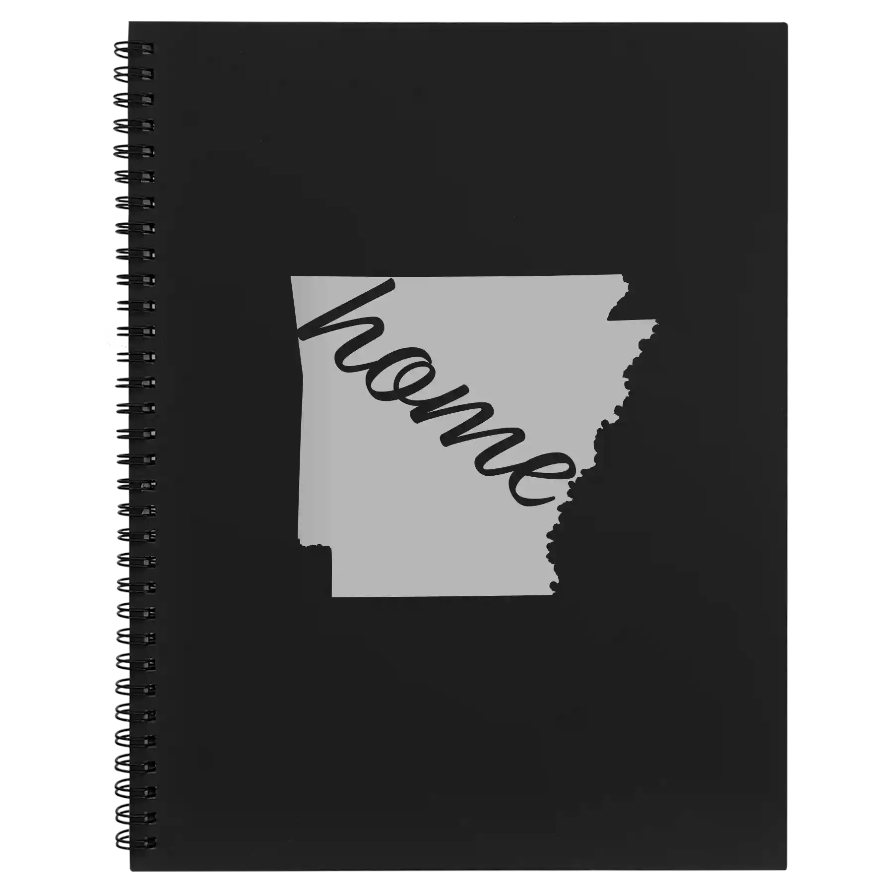 Large black spiral notebook laser etched with 'Arkansas Home' design