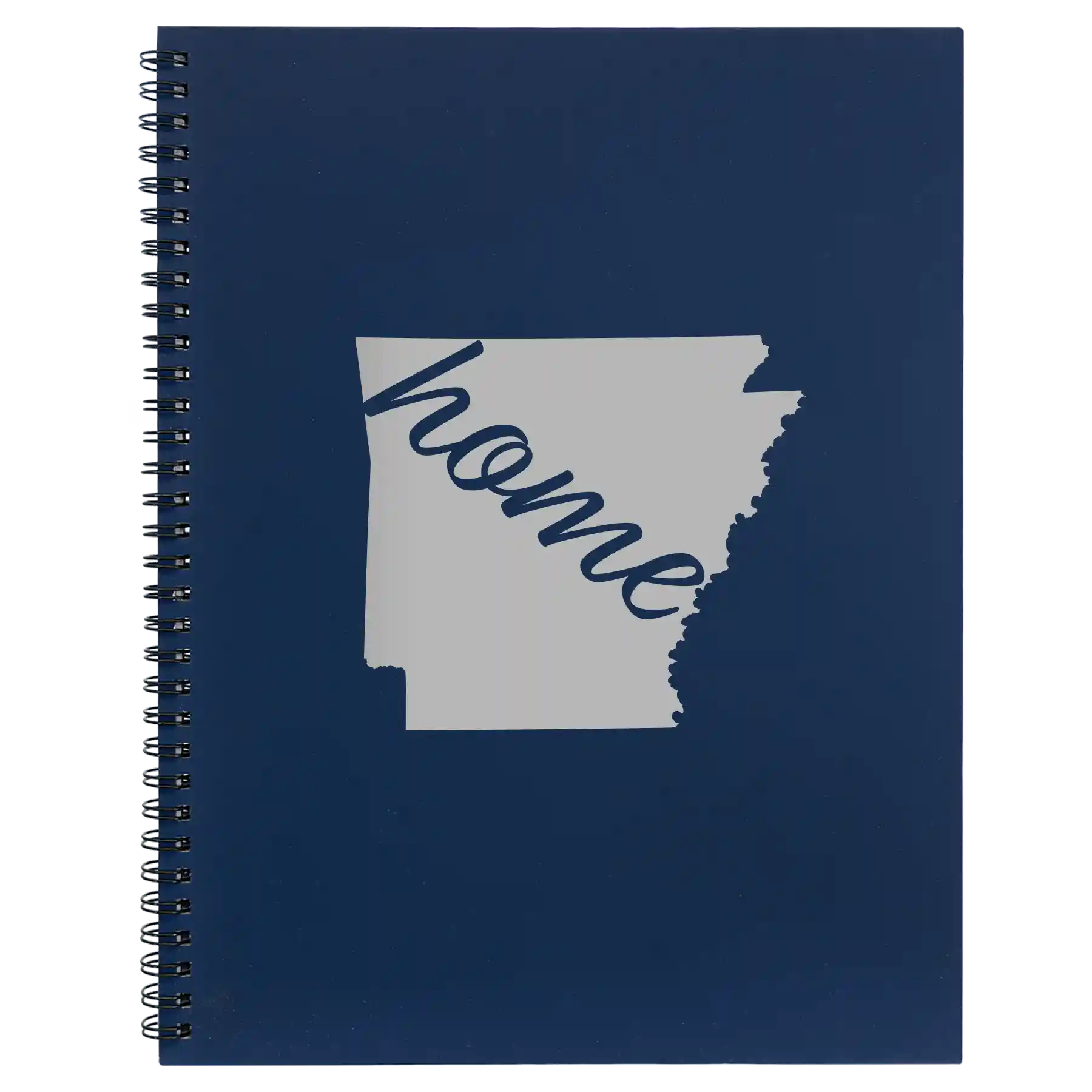 Large blue spiral notebook laser etched with 'Arkansas Home' design