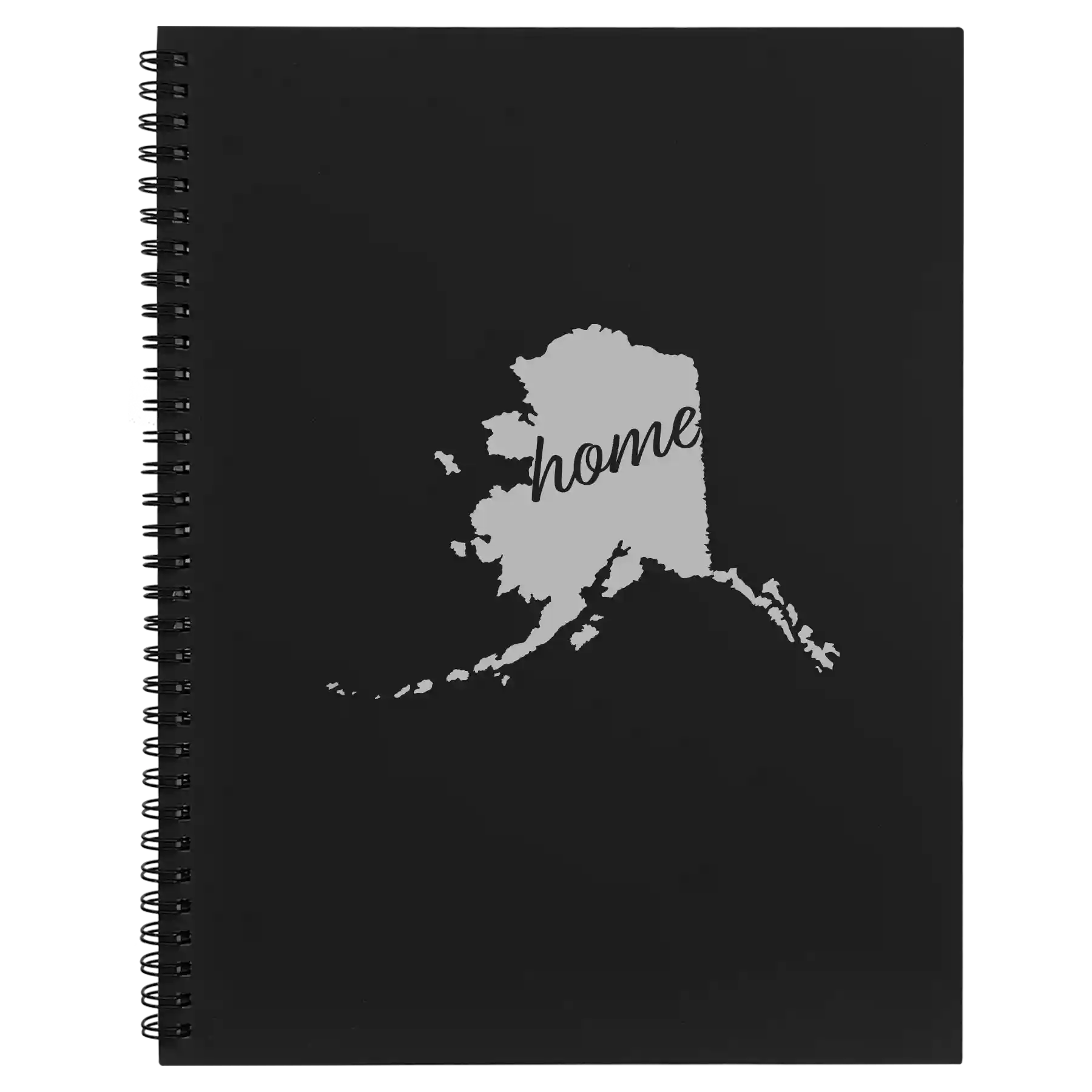 Large black spiral notebook laser etched with 'Alaska Home' design