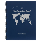 Large blue spiral notebook laser etched with 'Adventure Travel Journal' design