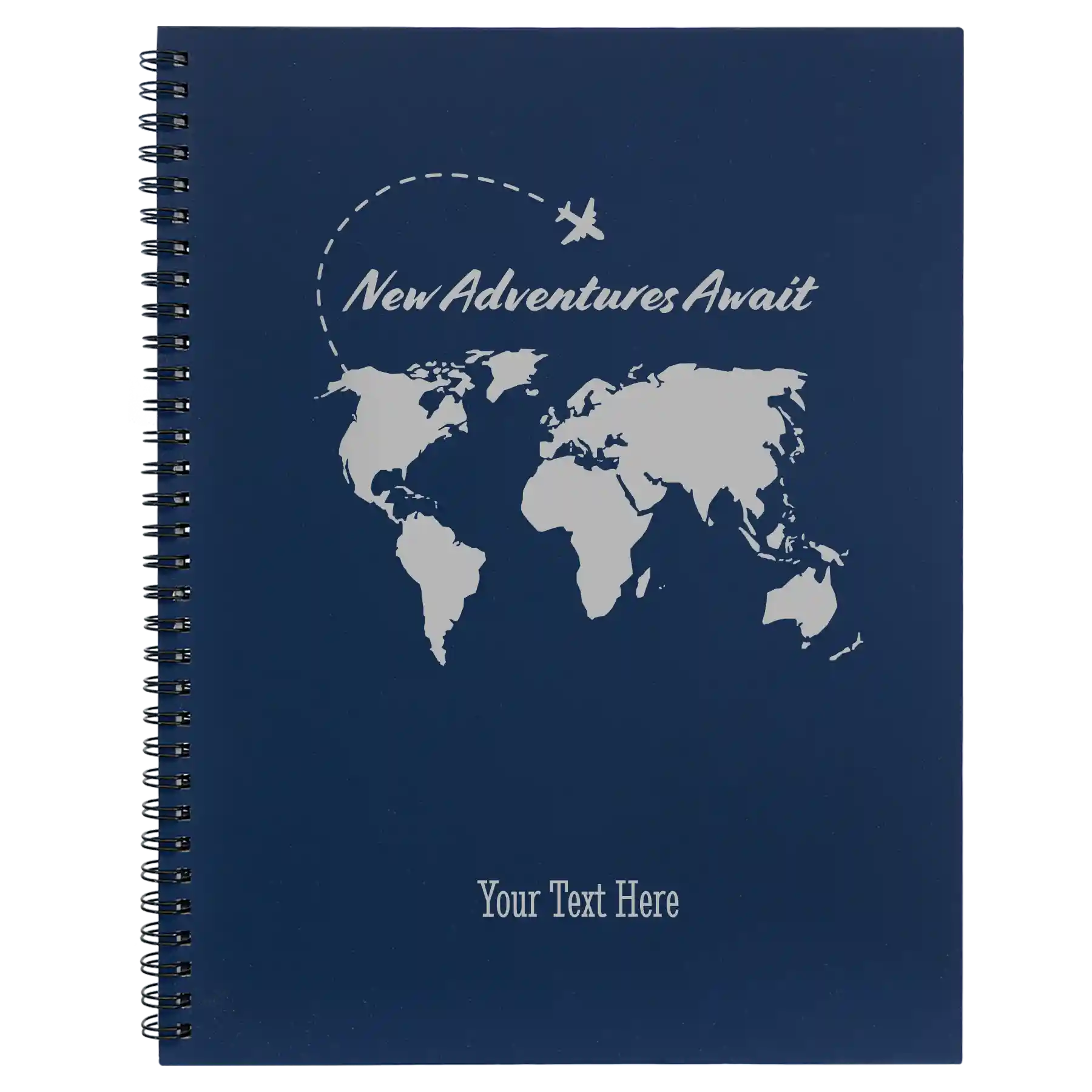 Large blue spiral notebook laser etched with 'Adventure Travel Journal' design