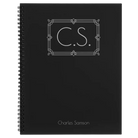 Large black spiral notebook laser etched with 'Art Deco Initials' design