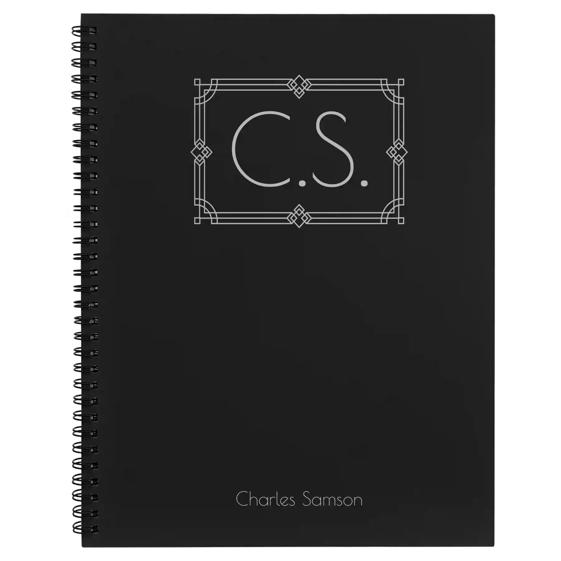 Large black spiral notebook laser etched with 'Art Deco Initials' design