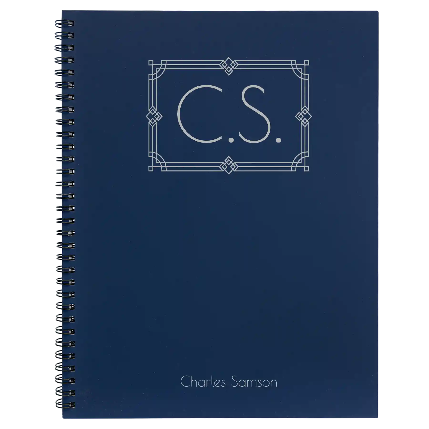Large blue spiral notebook laser etched with 'Art Deco Initials' design