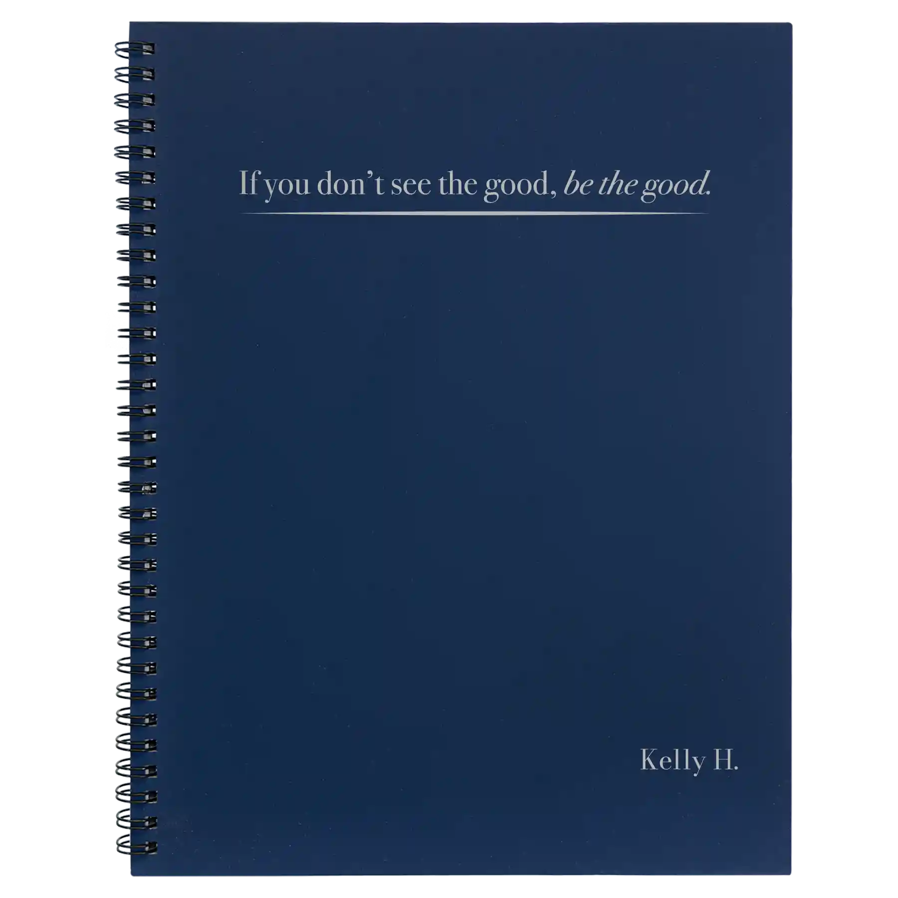 Large blue spiral notebook laser etched with 'Be the Good' design
