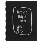 Large black spiral notebook laser etched with 'Bright Ideas Journal' design