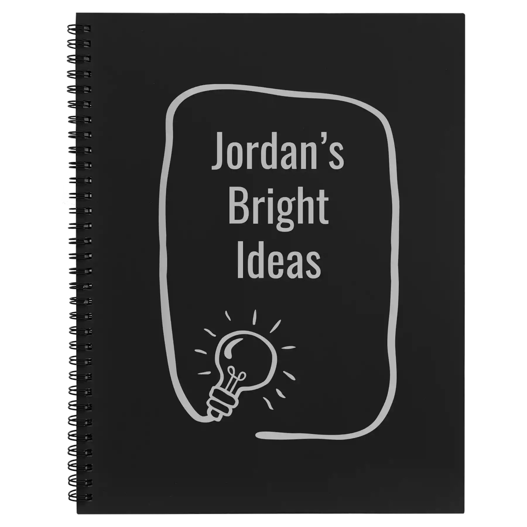 Large black spiral notebook laser etched with 'Bright Ideas Journal' design