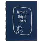 Large blue spiral notebook laser etched with 'Bright Ideas Journal' design