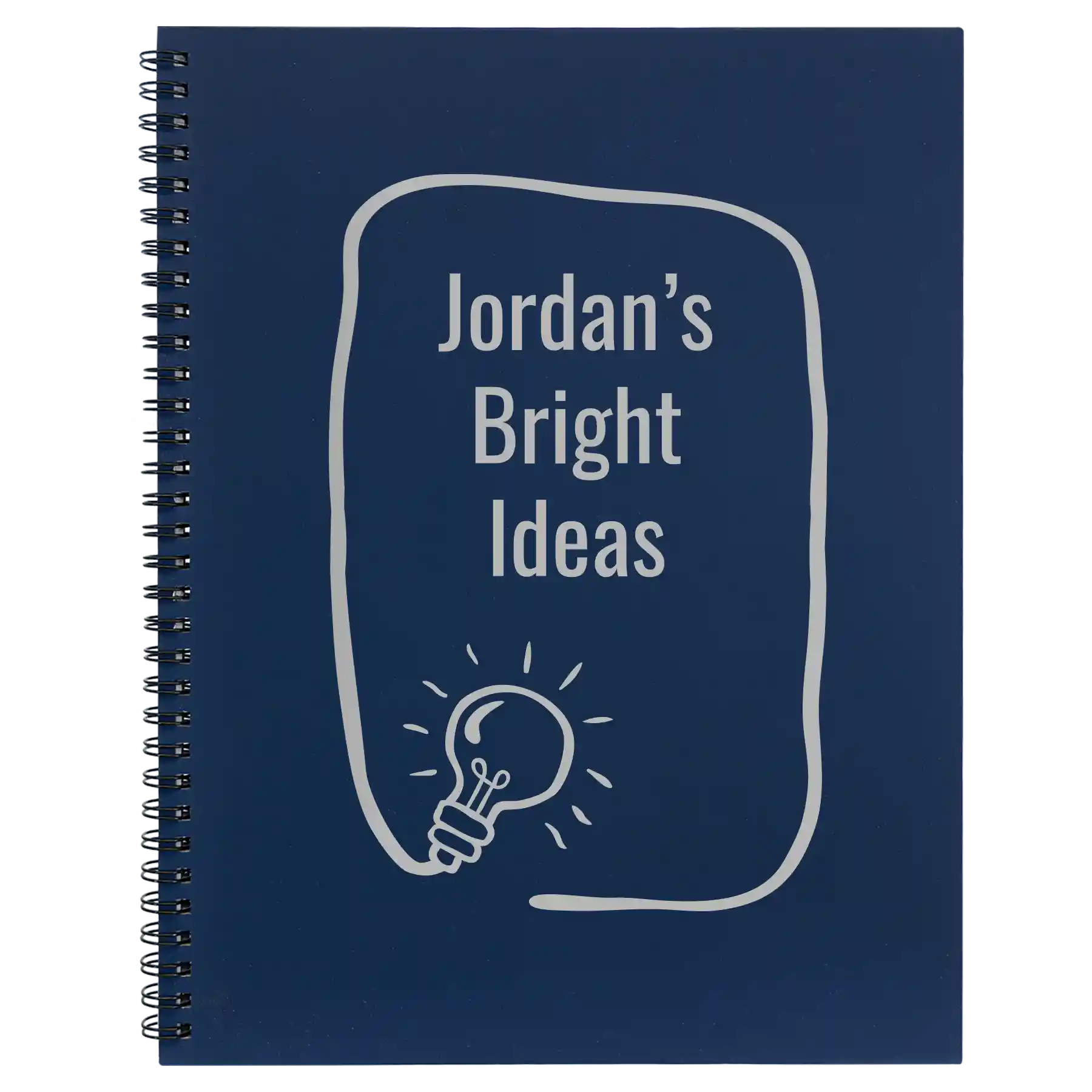 Large blue spiral notebook laser etched with 'Bright Ideas Journal' design