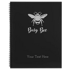 Large black spiral notebook laser etched with 'Busy Bee' design