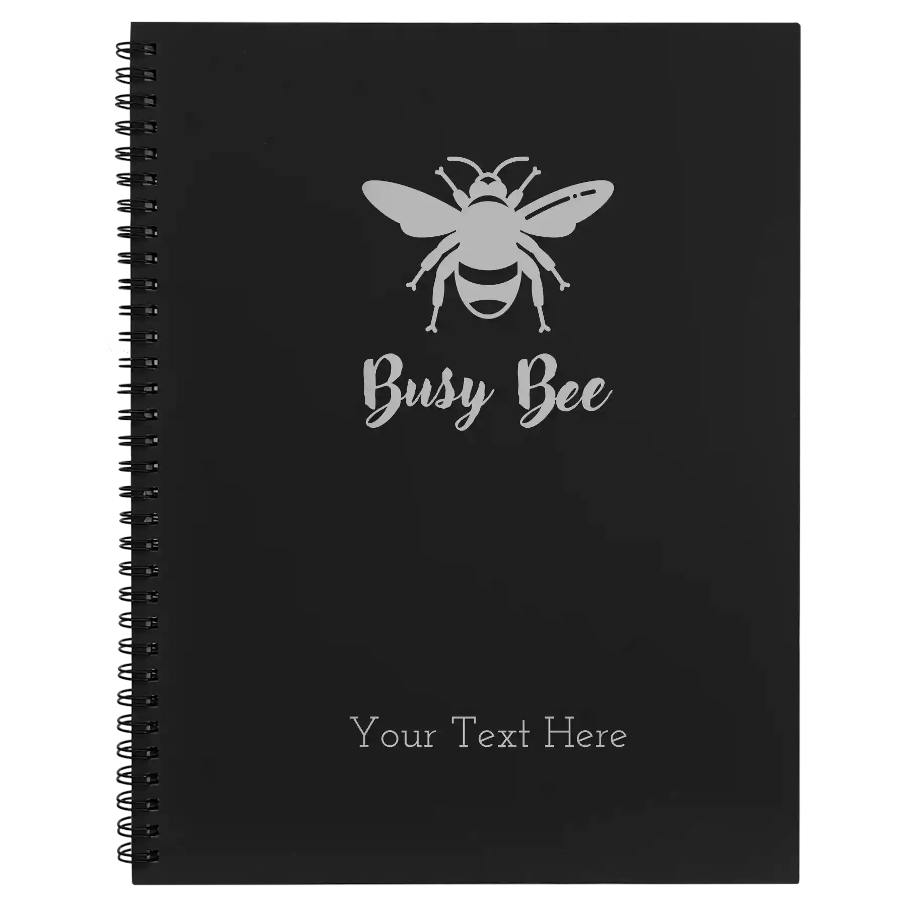 Large black spiral notebook laser etched with 'Busy Bee' design