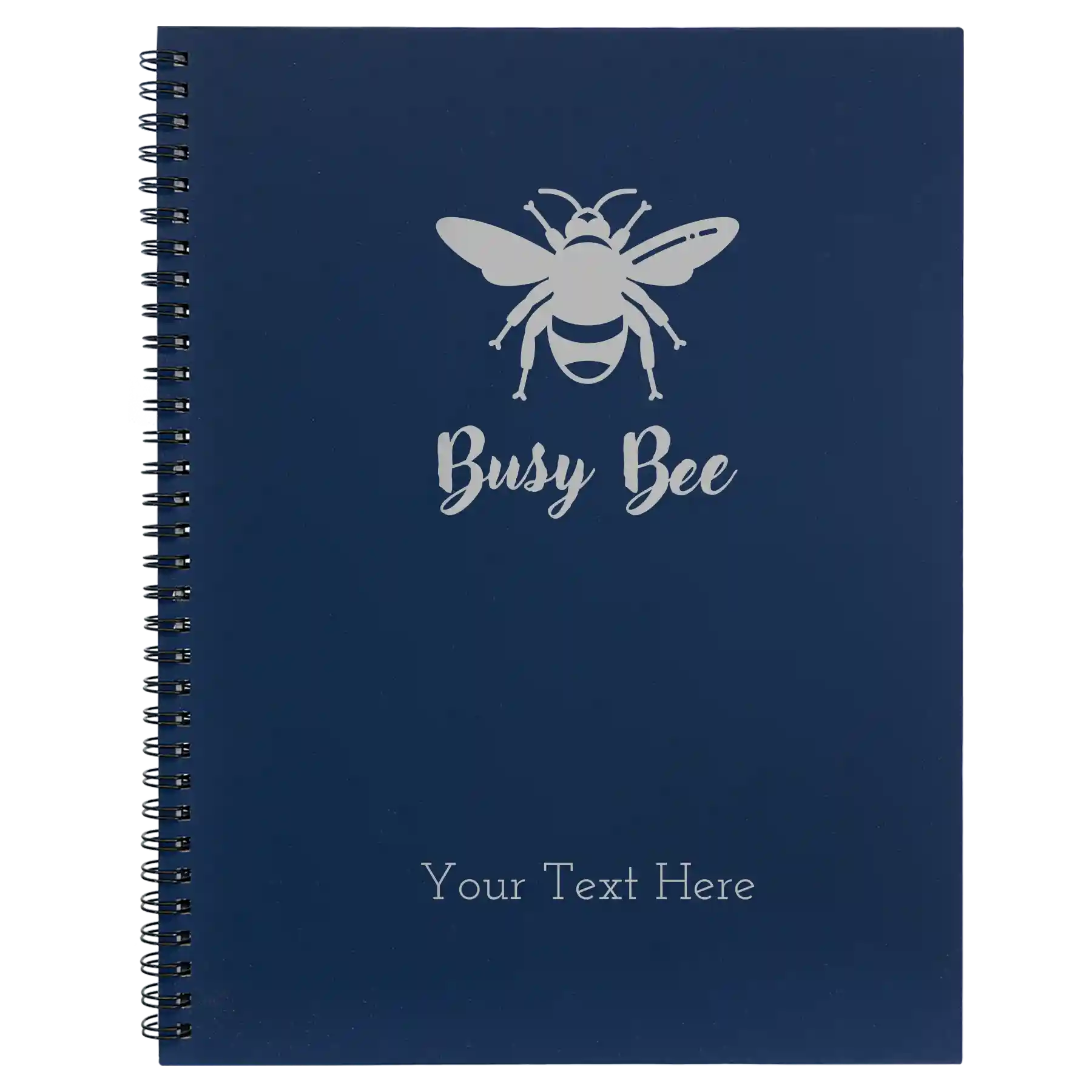 Large blue spiral notebook laser etched with 'Busy Bee' design