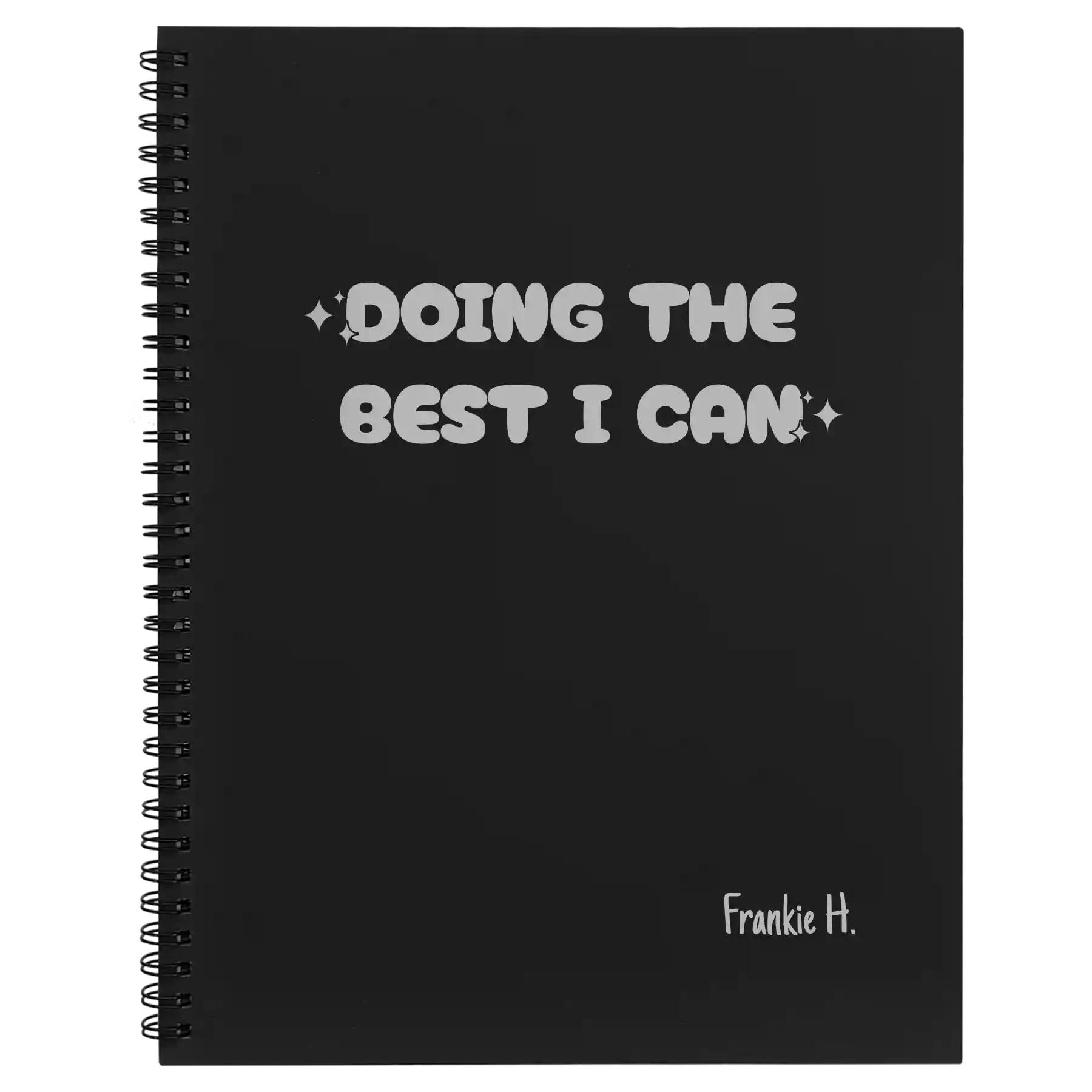 Large black spiral notebook laser etched with 'Doing the Best' design
