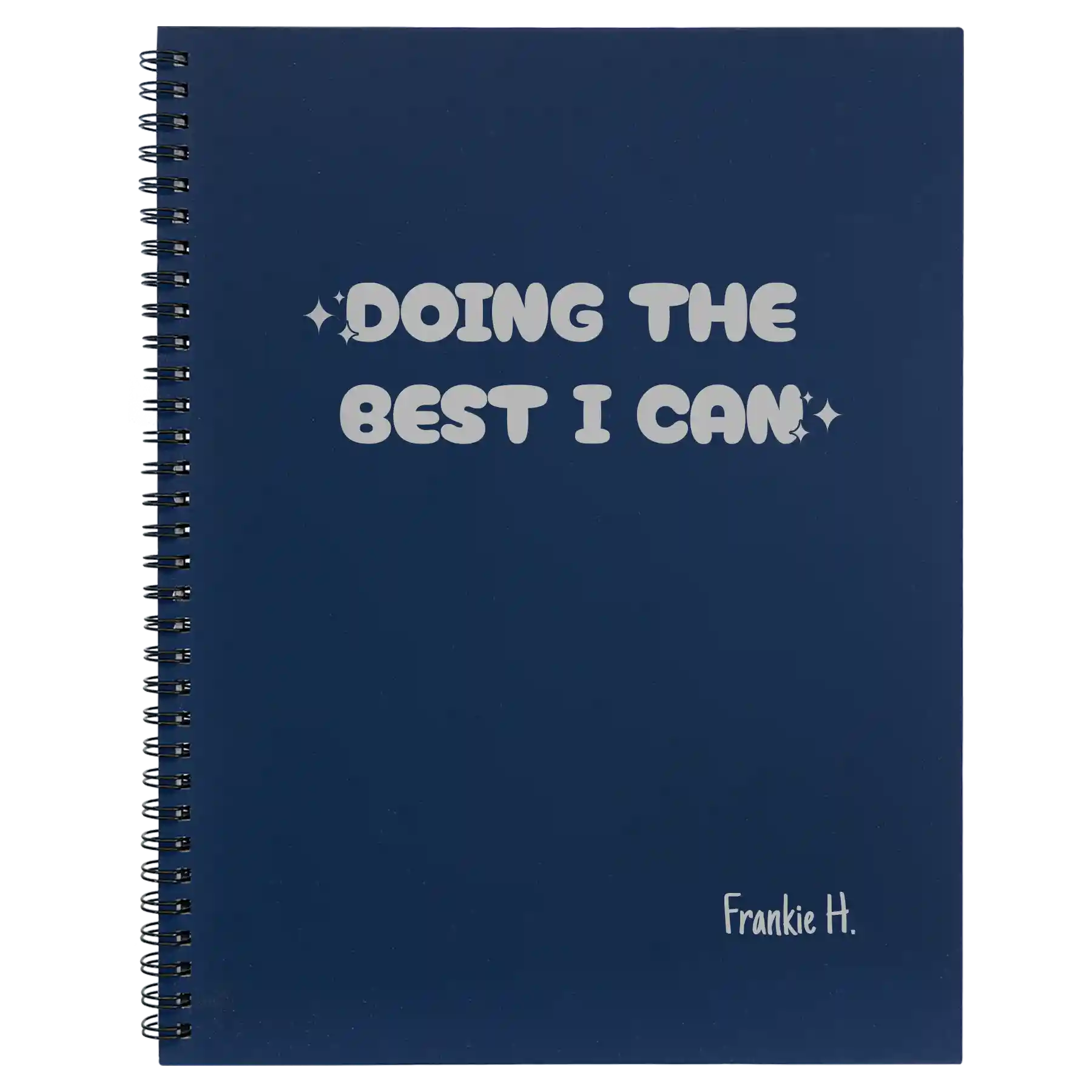 Large blue spiral notebook laser etched with 'Doing the Best' design