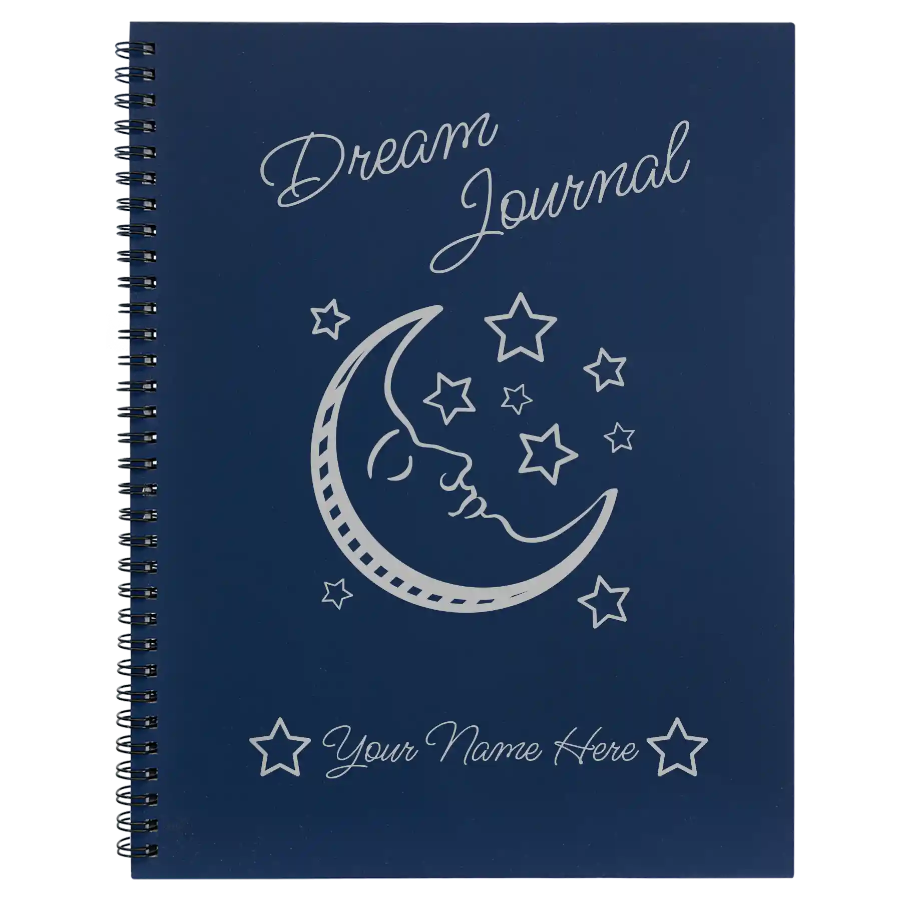 Large blue spiral notebook laser etched with 'Dream Journal' design