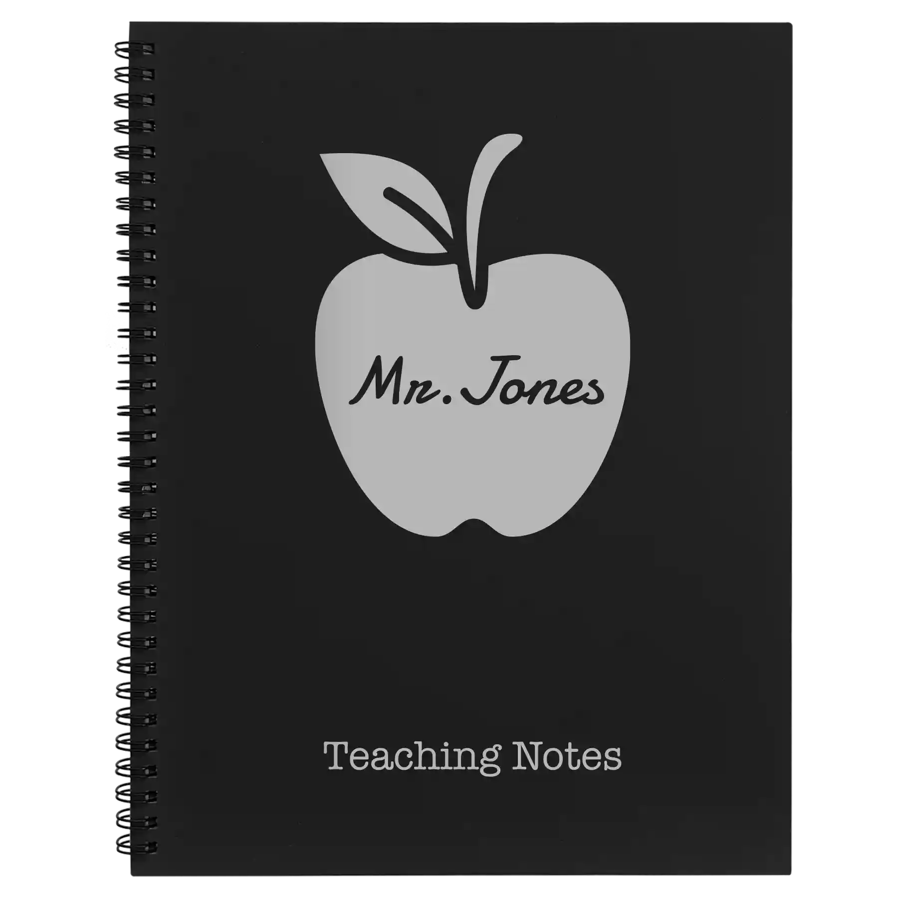 Large black spiral notebook laser etched with 'Teacher Apple' design