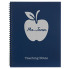 Large blue spiral notebook laser etched with 'Teacher Apple' design